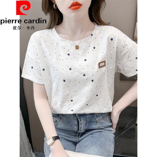 Pierre Cardin reines Baumwolldruck-T-Shirt für Frauen kurzärmelige Sommer 2025 NEU LOOSSPRUCK DESIGN VERSATILE T-SHIRT TOP TREND 1396 Weiß + W7274 Löwenzahn M für 100-109jin [Jin gleich 0,5 kg] geeignet.