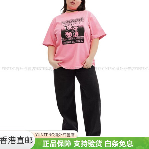 CoaCH (COACH) cat logo letter printed round neck short-sleeved T-shirt for men and women same style pink fashionable lightweight versatile trend pink M