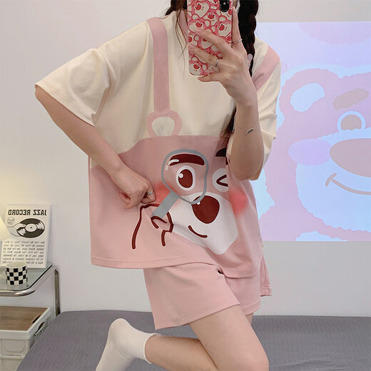 Opeodly夏季睡衣女薄款学生甜美短袖短裤两件套夏天宽松可外穿休闲家居服 684背带熊 M 【建议80-90斤】