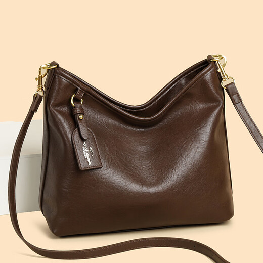 Kangaroo Kara genuine leather women's bag 2025 autumn and winter new large-capacity soft leather shoulder bag crossbody bag women's bag lightweight coffee brown (hand bag + card holder + gift box)