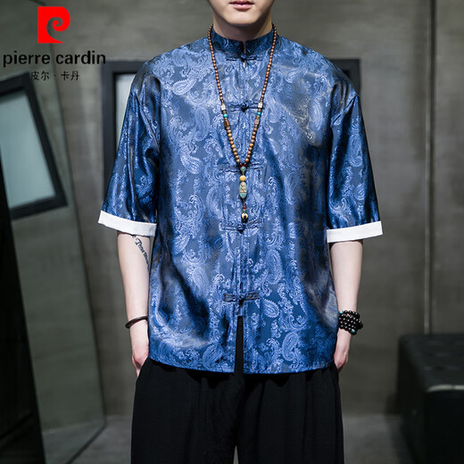 Pierre Cardin Ice Silk Tang Anzug chinesischer Sommer Dünnes Kurzärmel-Hemd Herren Retro Loose Hanfu Largegröße Fünf-Punkte-Hemd A686 Blau M 100-120jin [Jin entspricht 0,5 kg]