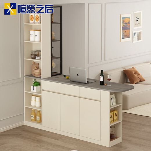 溥畔奶油中古风转角厨房中岛台客厅双面隔断吧台一体餐柜收纳柜8G374 款式11(带灯无升降插座)1478*60