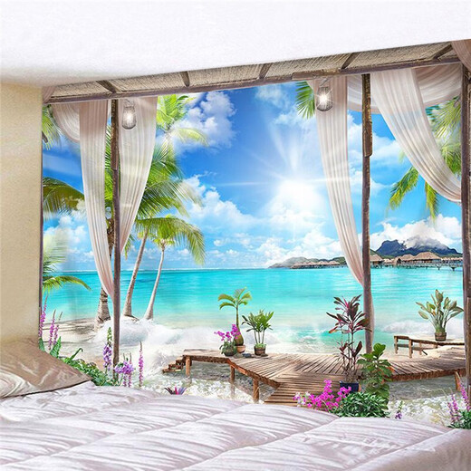 Fenêtres de paysage de vacances de style européen avec grand fond en tissu décoration Tapisse de chambre à coucher plante peinture murale en tissu suspendu G1278 Collection de tissu en velours 100 Hauteur * 150 Largeur CM uniquement pour l'installation
