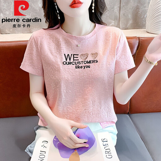 Pierre Cardin Pure Z Baumwolle kurzärmelige 2025 Neue Frauen-Front-Schulter-T-Shirt für Frauen vorne und vielseitig und modisch altersreduzierendes Schlampenkörper 6227 Pink S (Empfohlen 80 Jin [Jin gleich 0,5 kg] bis 95 Jin [Jin gleich 0,5 kg]))