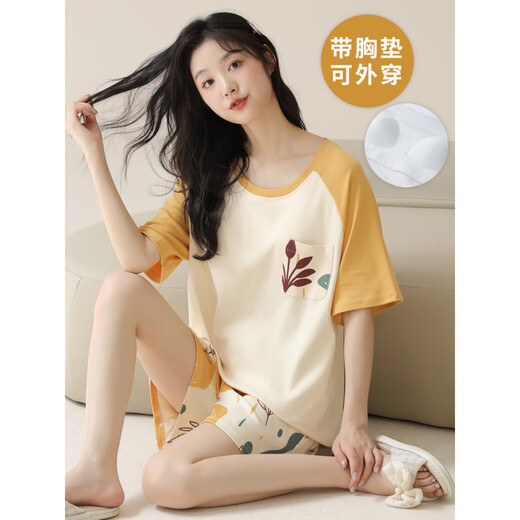 
Hehui Summer Women's Short Sleeve Large Size Pajama Set Cotton with Chest Paddy Paddy Package Integrated Home Summer Thin Style Can Be Wear Outside OZM-B1509 M (Suggested 75-95Jin [Jin equals 0.5 kg])