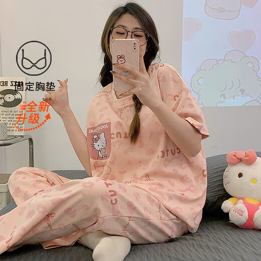 
MONTAGUT (MONTAGUT) pajamas with chest pad for women in summer short-sleeved trousers round neck 2025 new cartoon KT cat girl home clothing set JYR9207 M