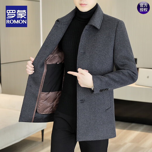 ROMON woolen coat for men's mid-length lapel wool woolen windbreaker for men's autumn and winter down jacket for men thickened black + down jacket 2XL recommended 161Jin [Jin equals 0.5 kg] or less
