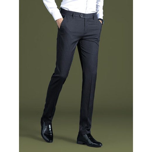 
Goldlion striped trousers for men 2025 new ice silk straight slim casual pants draped business formal suit summer thin 9902-Gray stripes-Summer thin 29