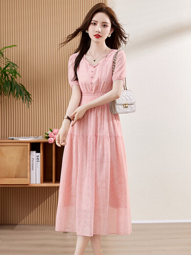 TJQ ​​​​Luxus-High-End-Markenkleid für Damen im neuen Sommerstil 2025, atemberaubender rosa bedruckter Taillen-Schlankheitsrock, cremefarbenes M empfohlen 105Jin Jin entspricht innerhalb von 0,5 kg