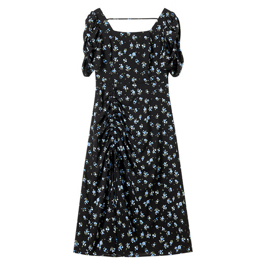 Vestido francés de Champui la para mujeres en el cuello cuadrado de verano manga retro lunares pleated slit a-line falda fondo negro flor m