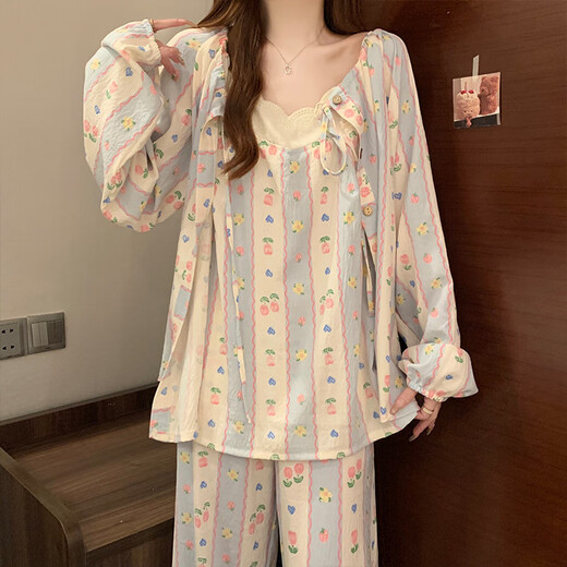 Pure Fengyun Fengyun Duo Cotton Start Pajamas para mujeres Juego de ropa para el hogar de la manga larga de tres piezas de tres piezas F9928# M Recomendado 80-100