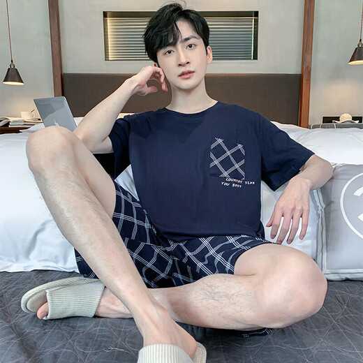 Hailan Summer Pure Cotton Men's Thin Shorts Pajamas Summer Loose Short Sleeve Two-Piece Set Youth Card H9928 (Short Sleeve Shorts) 3XL XXXL (160-18e Recommended