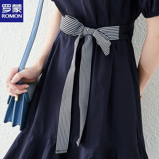 Romon (Romon) Robe de chemise réductrice d'âge mature légère avec été à volants 2025 Nouveau style marte à la taille et minceur de petite jupe A-Line Blue Navy XL 115-125Jin [Jin est égal à 0,5 kg]