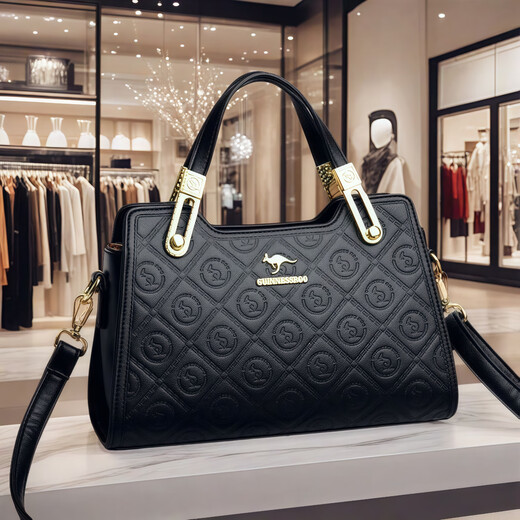 Guinness Kangaroo Retro gedruckt Frauenbeutel Handtasche echtes Leder praktische Geschenk Mutter Tasche Licht Luxus Mode vielseitige One-Shoulder Crossbody Bag Trendy Black [Theke echte Garantie 3 Jahre]