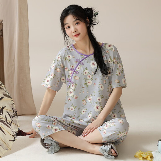 Yalu Summer National Style Pyjamas Suit des femmes mince Tendance nationale décontractée Pantalon à manches courtes Pantalons pour filles 9902 # M à manches courtes 9902 # M