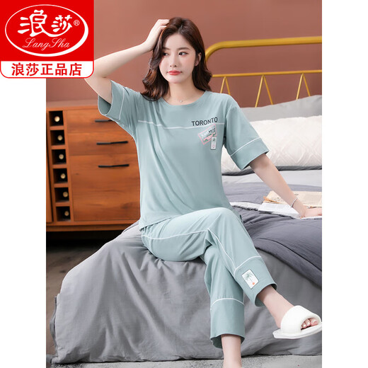 Langsha Pajamas para mujeres en verano algodón puro 2025 Nuevos pantalones de manga corta Juego de ropa para algodón delgado 7374 Bean Green M 80-100Jin [Jin es igual a 0.5 kg]