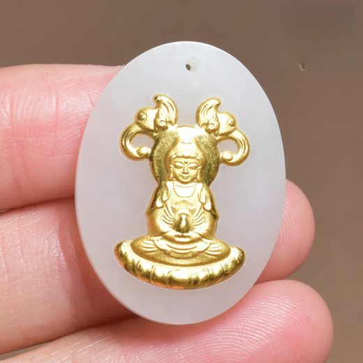 YIBIY was stunned by the brand Hetian jade Xinjiang Qiemo material Laokeng white jade Guanyin gold inlaid jade pendant A4