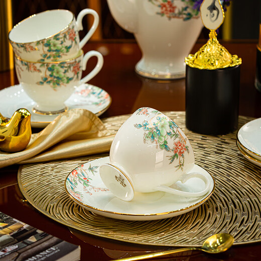 Jingqiu underglaze color high-end water set Jingdezhen high temperature bone china tea set water cup kettle complete set household gift box underglaze color flowery water set 13 pieces