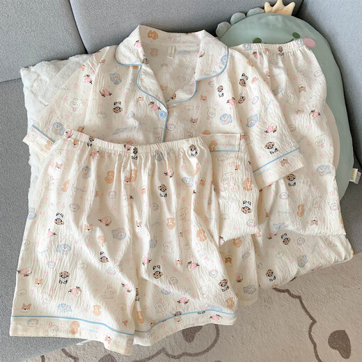恒源祥纯棉纱布睡衣女短袖长裤春夏款三件套可爱小狗少女开衫家居服夏季 云朵棉-9902#星星KT猫三件套 M 【建议75-100斤】