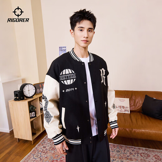 The new autumn and winter baseball uniform jacket for men and women American retro PU sleeve embroidery trendy versatile loose sports jacket for men pure black thickened XL (180)