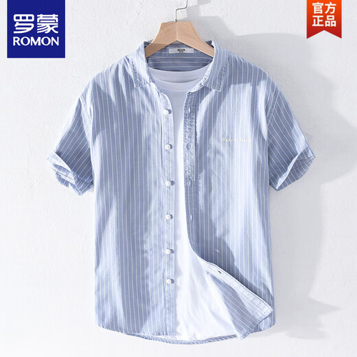 罗蒙（ROMON）男士条纹衬衫短袖宽松夏季薄款日系休闲百搭纯棉衬衣夏装衣服 9740黑色 M 100斤左右