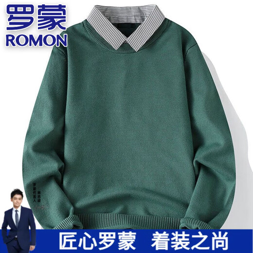 罗蒙（ROMON）高端假两件套头毛衣男士春秋款时尚休闲商务衬衫领打底上衣针织衫 黑色【假两件针织衫】 2XL
