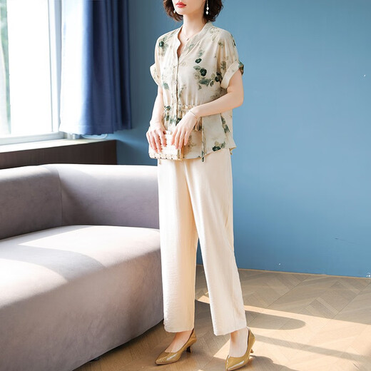 Giordano轻奢妈妈款洋气夏装短袖衬衫上衣中老年人女装夏季雪纺恤睡衣上装 tm-723绿色单上衣 10XL l建议85-100斤