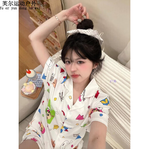 阿尤布蜡笔小新睡衣日系三件套蜡笔小新睡衣女夏季天薄款短袖长裤 KK-14101[短袖]三件套 XL [建议120-135斤]