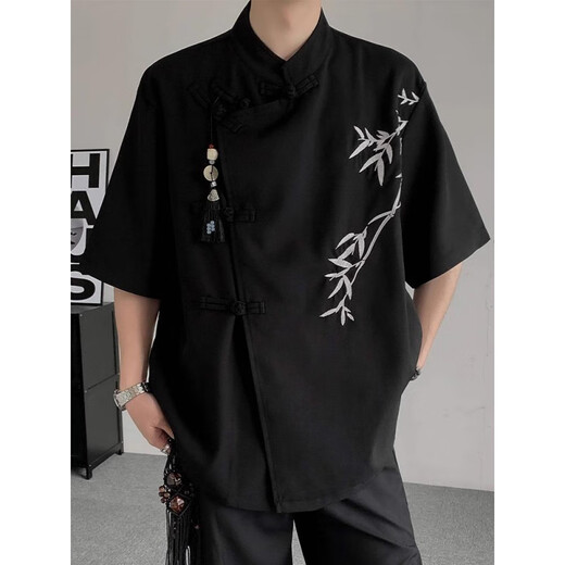 Schwören von Männern Verlobung vom neuen chinesischen Top -Ice -Seidenhemd Herren Sommer Bambus bestickter Anzug Hemd Reinigungsmittel schwarzes Hemd 5xl