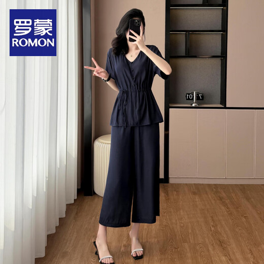 罗蒙（ROMON）宽松遮肉套装女夏款时尚减龄天丝短袖上衣+九分阔腿裤两件套 黑色两件套 2XL 【135-155斤】