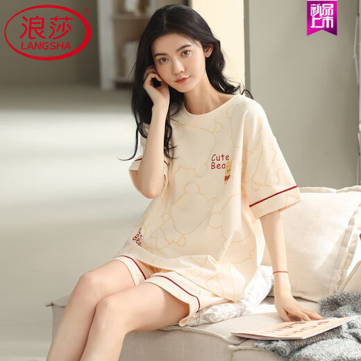 浪莎（LangSha）睡衣女款夏季纯棉短袖短裤可外穿2025年新款全棉家居服套装 9855 品牌纯棉 M 建议80-100斤穿