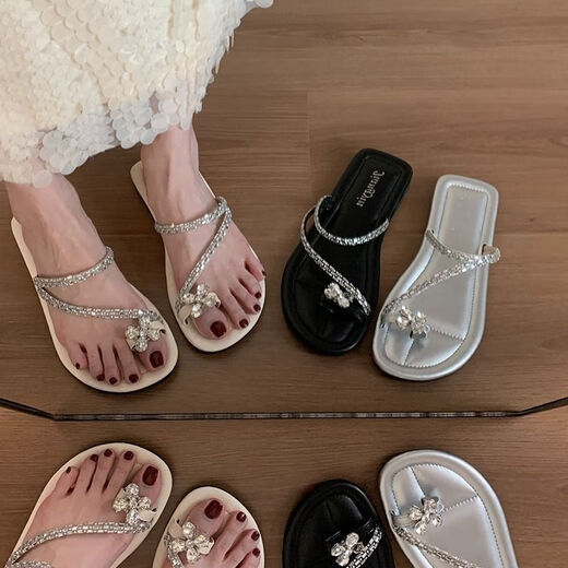 Belle Pedal Toe Fashion et style fée polyvalent à l'extérieur portant des sandales à semelle à semelle antidérapante en strass de couleur solide de tête ronde à tête rond