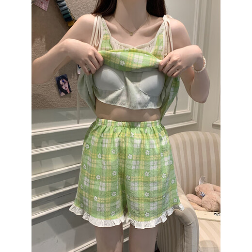 Mengluan Plaid Little Flower Pyjamas pour les femmes en été mince de poitrine avec poitrine sexy mignon short à suspension 2025 Vêtements à la maison T1381 Polka Doll Puppy Belt amovable poitrine PAD 2XL