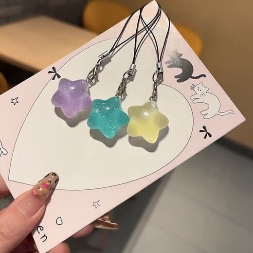 Internet celebrity fine glittering luminous fat star mobile phone rope good friend gift gift through star bag pendant key flashing star pendant blue + purple