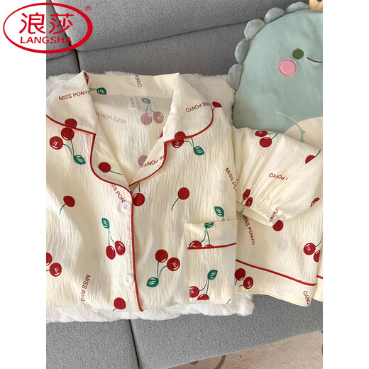 LangSha (LangSha) pure cotton gauze pajamas for women short-sleeved trousers summer three-piece set sweet cherry outerwear cardigan home clothes spring and autumn Yunduo Cotton-9905# black love three-piece set M Recommended 75-100Jin [Jin equals 0.5 kg]]