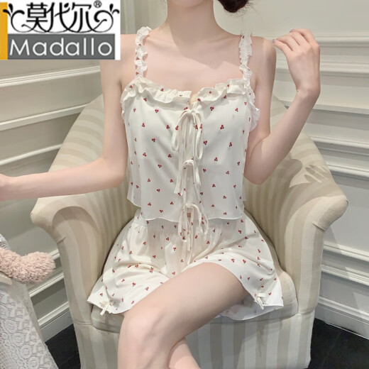 莫代尔吊带睡衣女夏季两件套薄款冰丝带胸垫甜美性感纯欲风小碎花家居服 KZ7371红小樱桃 M