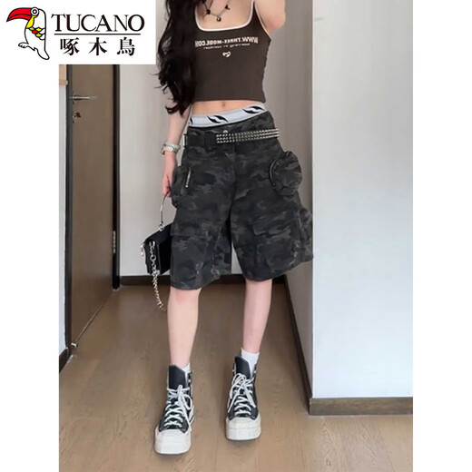 啄木鸟辣妹美式高街多口袋牛仔裤女夏天薄款辣妹迷彩工装五分短裤子 五分裤 S 【80-】