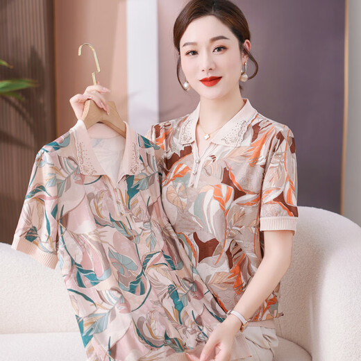 皮尔卡丹（pierre cardin）妈妈装夏款洋气时尚减龄小衫40岁天丝短袖T恤中老年人女翻领上衣 紫色9766 M 建议85-100斤