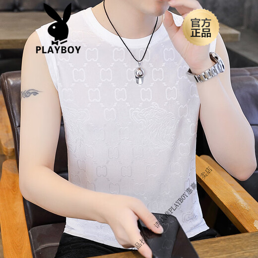 花花公子（PLAYBOY）2025夏季新款男士冰丝提花背心加肥加大码速干无痕无袖T恤衫 【单件上衣】Q6629灰色 XL 130-150斤