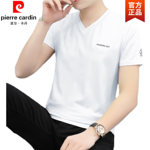 皮尔卡丹（pierre cardin）高品质夏季V领纯棉短袖男t恤男装白色潮牌印花简约休闲打底衫针织 白色691 M 90-115斤