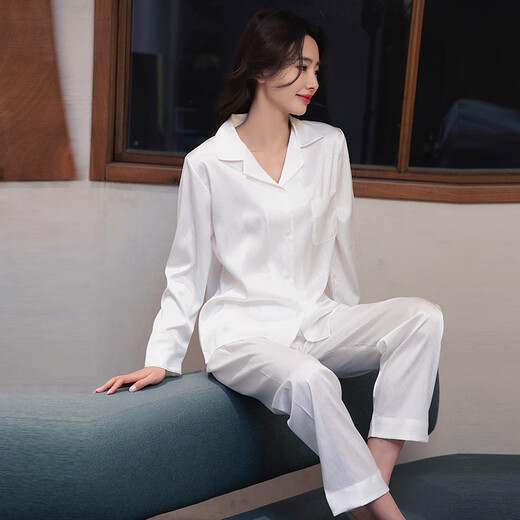 Victoria's Style Pyjama für Frauen im Frühling und Herbst Sommer Sexy Ice Seide Dünne Langarm Französisch Pure Wunsch, reine weiße Hauskleidung zu tragen 6623 Weiß One Size M M.