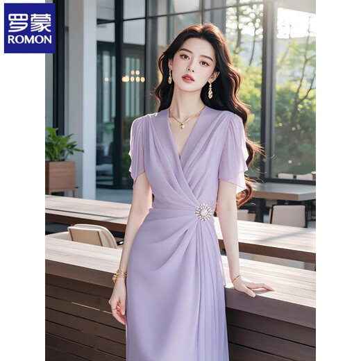 Romon chiffon dress women are generous and decent purple summer high-end exquisite French holiday kink fishing long date dress Purple dress XL [Suggested 111-120Jin [Jin equals 0.5 kg]]