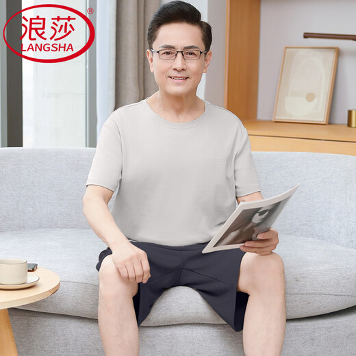 浪莎（LangSha）中老年爸爸睡衣男士夏季薄款纯棉短袖短裤套装加肥大码休闲家居服 13603#肤色 纯棉短袖短裤 L 【建议100-120斤】