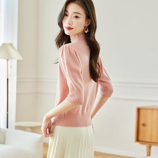 Shexi (Srcr) pure wool sweater small short embroidered sweater for women elegant age-reducing half turtleneck mid-sleeve bottoming sweater