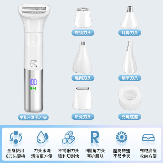 RURE Germany electric private part shaver hair removal instrument girls private part shaver men's armpit hair face and pubic razor shaver women's hair trimmer artifact six-in-one blade flagship version wet and dry + full body washable silver white