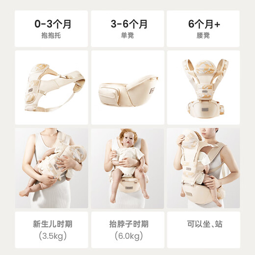 新安代婴儿背带腰凳抱娃神器多功能背带腰凳四季两用轻便宝宝外出带娃 护颈横抱【豪华收纳款】香槟金 轻奢礼盒装
