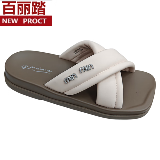 百丽踏夏季舒适拖鞋女2025新款网红平底凉拖女鞋百搭交叉带一字软底凉拖 米色 ZN9732 37