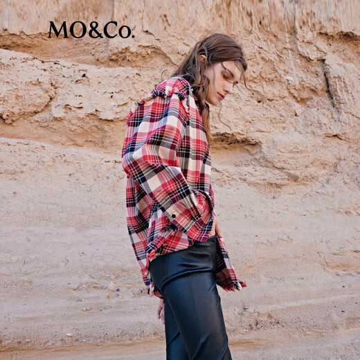 MO&Co.2024 new autumn Scottish plaid tassel raw edge loose thick cotton shirt