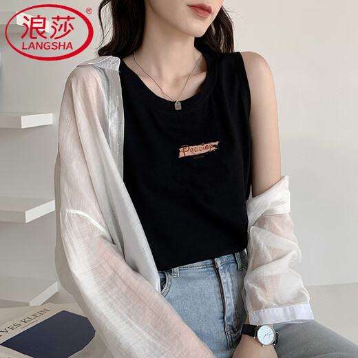 浪莎（LangSha）轻奢新款黑色工字背心女春夏外穿棉吊带色内搭宽松无袖恤上衣潮 6187白色 M