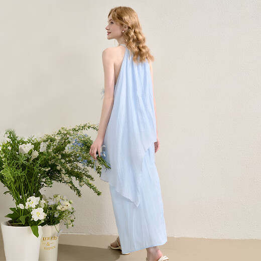 Xiyu Vestido Halter Azul Mujer 2025 Verano Nuevo Arco Flor Falda Estilo Resort Francés Azul M (160)